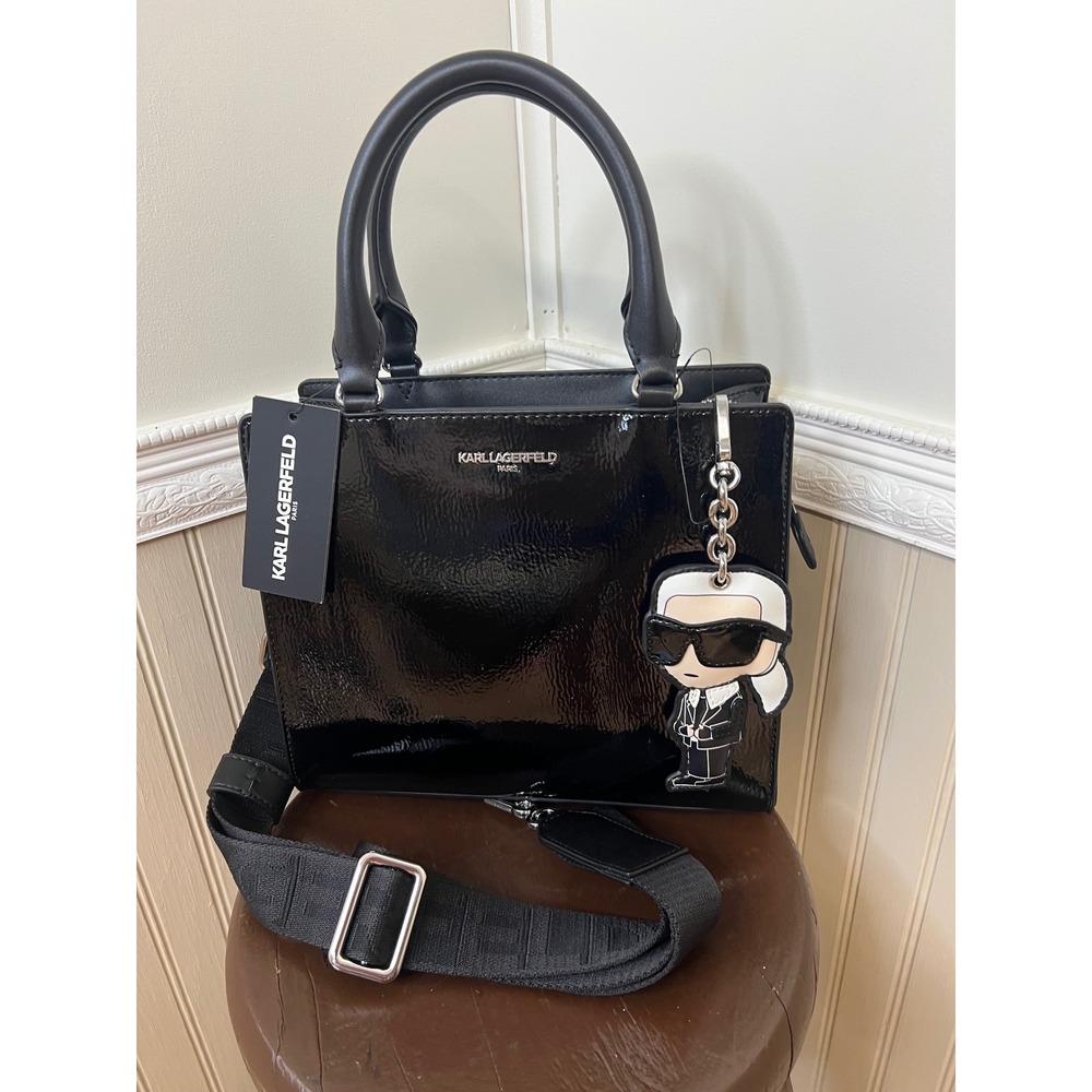 Karl Lagerfeld Paris Black Patent Satchel Crossbody Bag L6DD58BJ New